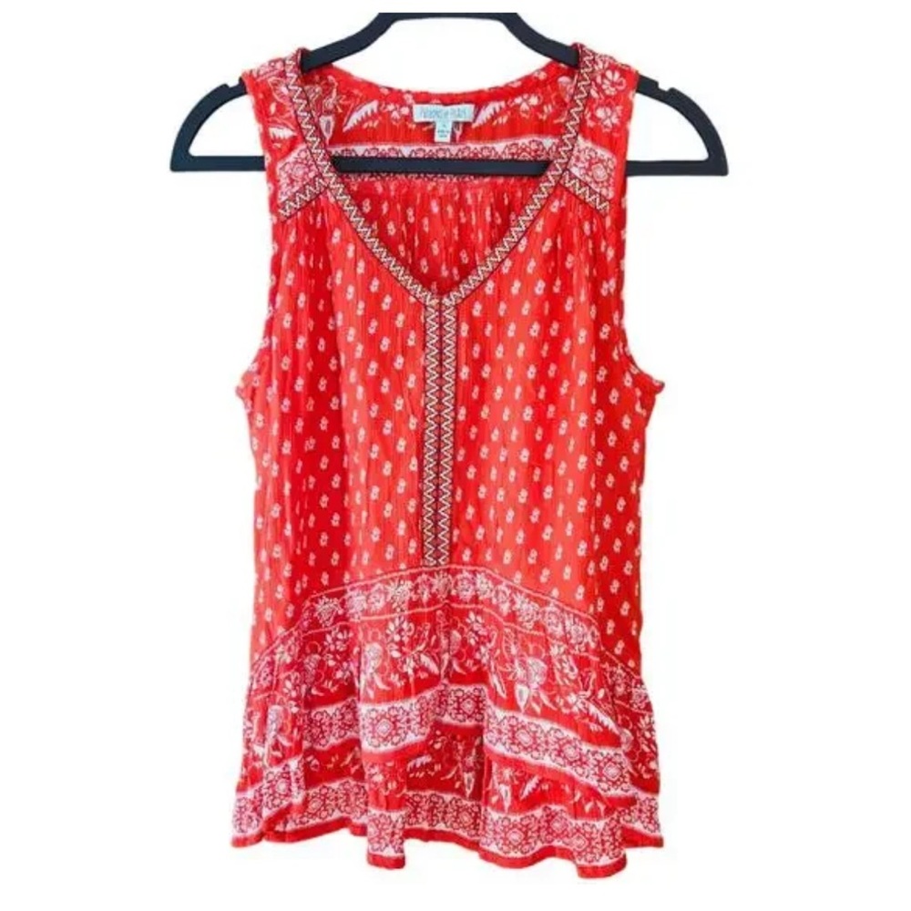 Patrons of Peace Embroidered Floral Ruffled Tank Top S Red Orange Boho Western